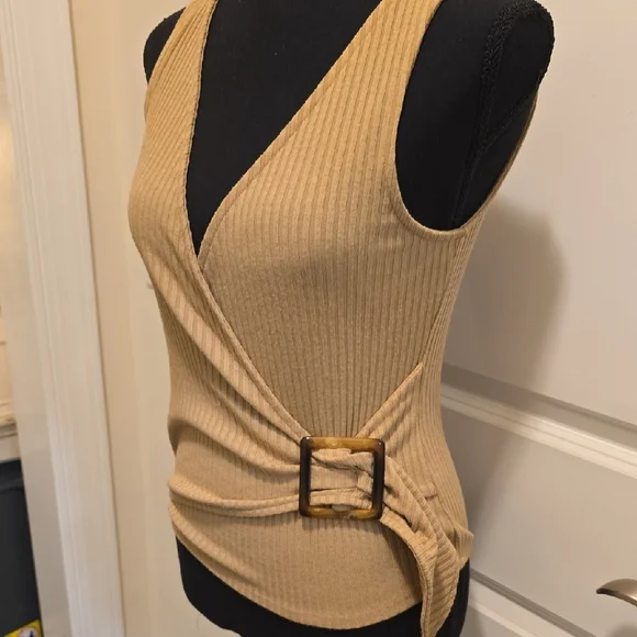 Express Camel Ribbed Wrap Tank Top - Picture 2 of 5